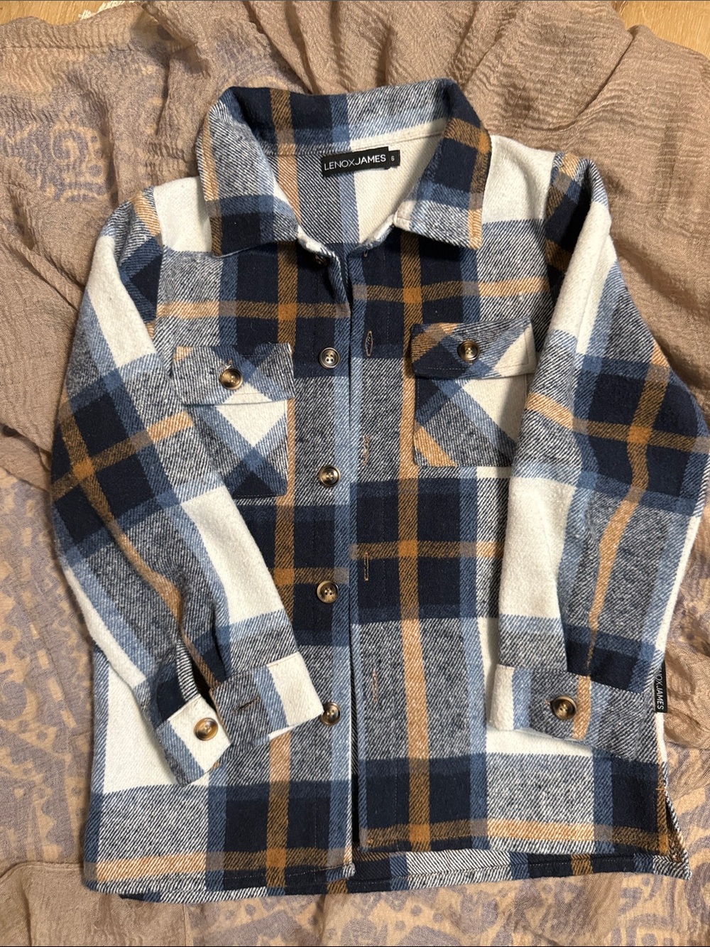Lenox James Kids Plaid Button-Down Shacket - Navy, White & Tan